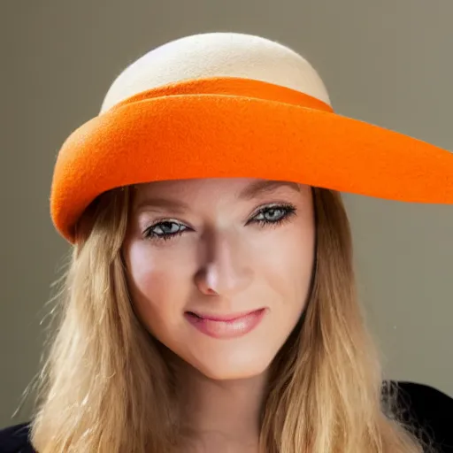 Image similar to portrait tres jolie d'une souriante femme 2 5 ans, cheveux moyen jaune blonde caractere avec un chapeau orange, cheveaux sorte un peu du chapeau, la femme mets sa main sur le chapeau pour essayer de le retenir.