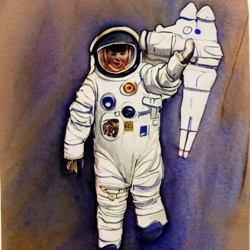 Prompt: Orville Houghton Peet and William Simpson and Jean Gautier watercolor painting sketch of a boy super scientist in a retro home made astronaut suit