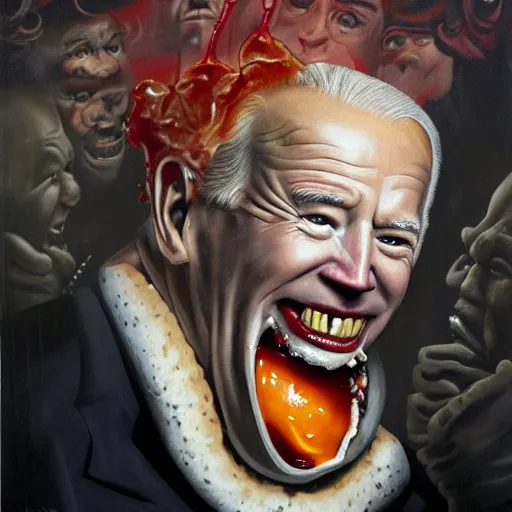 Image similar to surreal grotesque kitsch low-brow portrait of Joe Biden emerging from deep shadows eating hamburgert, extra onions and ketchup, luscious patty with sesame seeds, figure in the darkness, serving big macs, Francisco Goya, painted by John Singer Sargant, Adrian Ghenie, style of Francis Bacon, highly detailed, 8k, trending on artstation