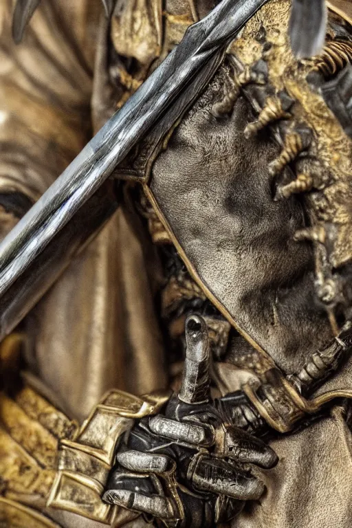 Prompt: photo taken of an epic intricate, ultra detailed, super realistic gritty, longsword weapon hero props, created by weta workshop, zoomed in shots, photorealistic, sharp focus, white wall coloured workshop, cold colour temperture, f 0. 4, face centred, golden ratio, golden hour