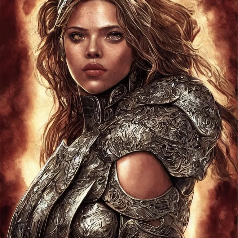 Image similar to scarlett johannson as an amazon warrior, a tall beautiful woman with brown skin and long hair, dressed in hellenistic body armor, intricate, elegant, highly detailed, smooth, sharp focus, detailed face, art by ardian syaf