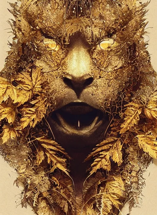 Image similar to golden leaves at frame border, creative!!! composition for a book cover, absurdly beautiful, ultrafine hyperrealistic detailed animal face by wlop and artgerm and greg rutkowski, intricate linework, sharp focus, smooth, octopath traveler, final fantasy, unreal engine, dramatic lighting, ethereal, 8 k