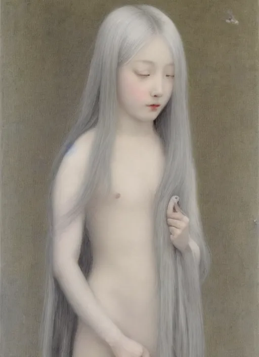 Prompt: thin young wan angel, silver hair so long, pale!, long silver hair, silver angel wings, smooth skin, wan adorable korean face, silver hair!!, style of fernand khnopff and lucien levy - dhurmer, oil on canvas, 1 8 6 2, 4 k resolution, aesthetic!,