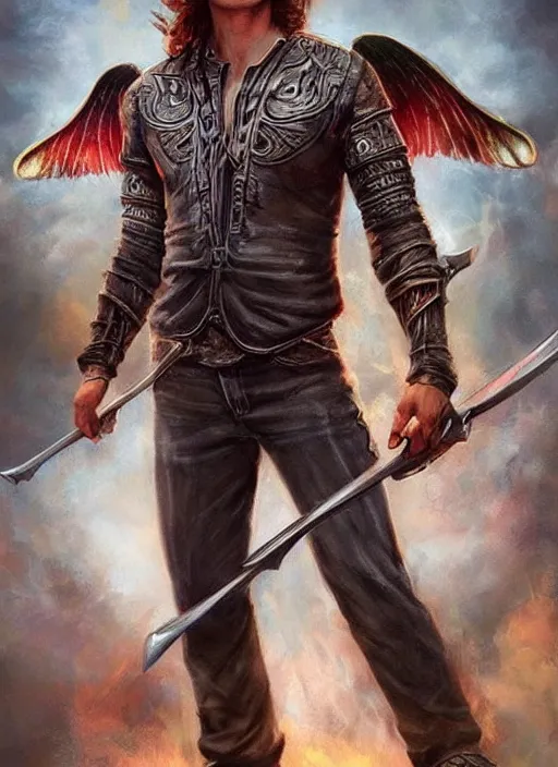 Prompt: high Fantasy Sam Winchester is a muscular armoured angel holding swords angei wings wide open, teared apart T-Shirt and jeans, red Sneakers, whole body tattooed with runes and satanic symbols, D&D!, fantasy style, sharp focus!, ultra detailed, art by Artgerm and Peter Andrew Jones, WLUP