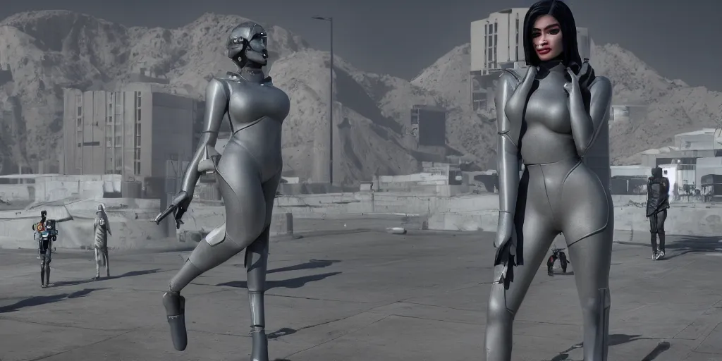 Image similar to cinematic wide angle view of a dystopian kylie jenner statue in the middle of los angeles being worshipped by shadow figures, orwellian, by neil blevins, high detail, digital art, pop art style, death stranding art style, cinematic lighting, artstation, cgsociety, unreal engine 5 render, octane render, 3 5 mm film grain