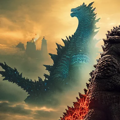 Image similar to godzilla near taj mahal, majestic, breathtaking, lightining in background, ultrafine hyperrealistic detailed illustration by kim jung gi, irakli nadar, intricate linework, sharp focus, bright colors, matte, film still from godzilla king of monsters, final fantasy, unreal engine highly rendered, 8 k, global illumination, radiant light, intricate environment