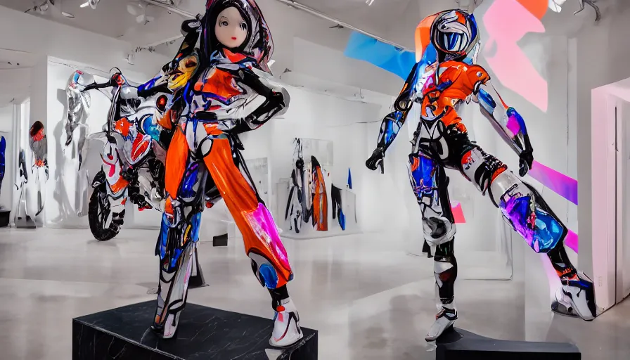 Image similar to extremely beautiful photo of a white marble statue of an anime girl with colorful motocross logos and motorcycle helmet with closed visor, standing in an airy light fashion boutique, large space, colorful smoke in the background, carved marble statue, fine art, neon genesis evangelion, virgil abloh, offwhite, denoise, highly detailed, 8 k, hyperreal