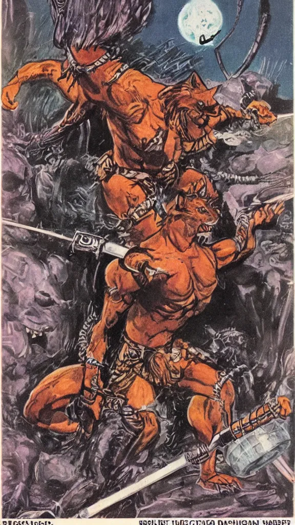 Prompt: 1 9 8 0 s pulp sci fi magazine illustration of a barbarian cat warrior by ralph bakshi