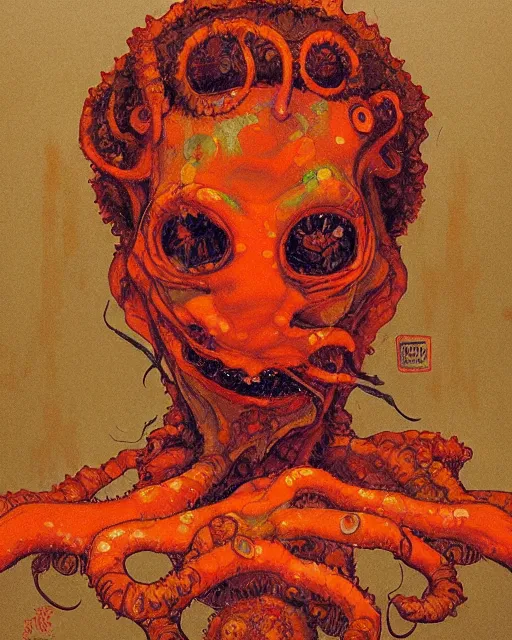 Image similar to portrait of orange cthulhu by greg rutkowski in the style of egon schiele