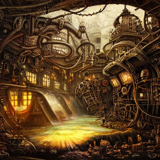 Image similar to surrealist landscape, inside steampunk ant citya, painting, highly detailed