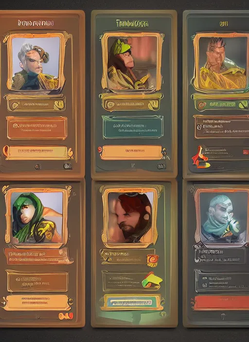 Image similar to character concept art with trading card ui and ornate border frame