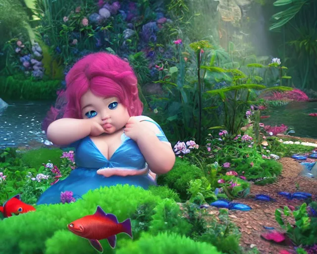 Prompt: of a very beautiful scene. ambient occlusion render. a sweet fat little girl is in love with a huge, colorful and beautiful fish. hyper realistic. 4 k. wide angle. in the baroque style. wild. symmetrical face, red mouth, blue eyes. deep focus, lovely scene. ambient occlusion render. garden. unreal engine.