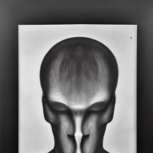 Image similar to a black and white photo of a man with a strange face. precisionism, charcoal drawing, surrealist, genderless