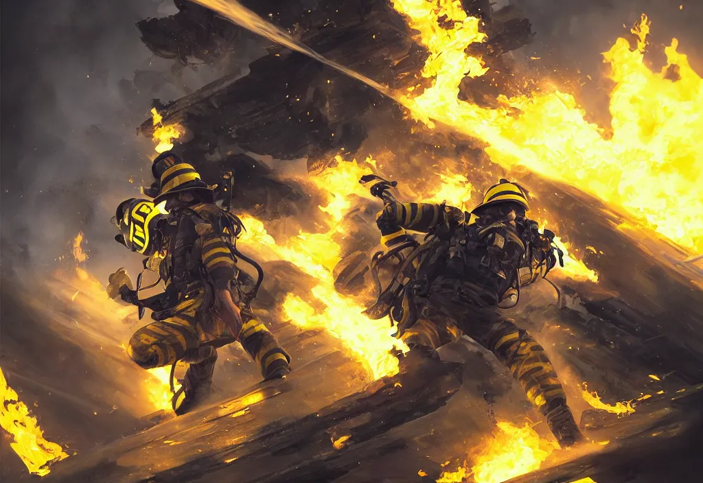 Image similar to one heroic firefighter in action in black and yellow uniform, fire flames, sharp details, sharp focus, photorealistic, octane, hyper detailed, trending on deviantart, illustration, by jordan grimmer and greg rutkowski and pine ( ハイネ ), intricate