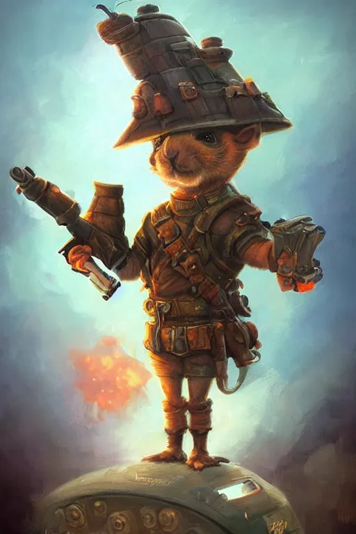 Image similar to cute little anthropomorphic Guinea Pig Tank driver standing next to its tank, tiny, small, short, Tank driver outfit, cute and adorable, pretty, beautiful, DnD character art portrait, matte fantasy painting, DeviantArt Artstation, by Jason Felix by Steve Argyle by Tyler Jacobson by Peter Mohrbacher, cinematic lighting