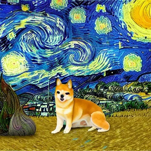 Image similar to shiba inu in van gogh's starry night