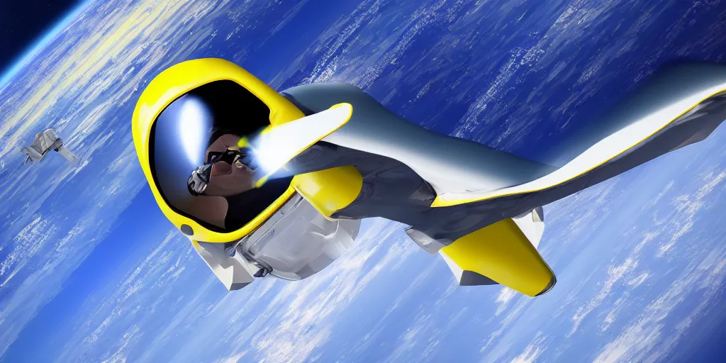 Prompt: lemon wearing sunglasses gazing from the cockpit of space plane at earth from cockpit of space plane. Scene outer space. Background earth. Photorealistic