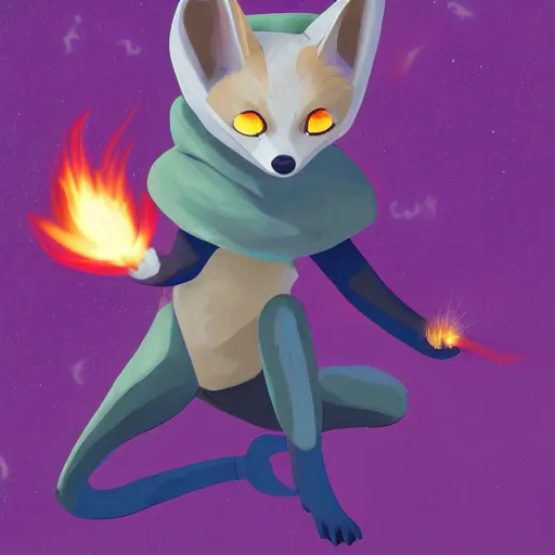 Image similar to An anthropomorphic fennec fox chracter wearing a blue sweatshirt and holding fireballs in a fighting pose, digital painting, furry fandom, detailed, impactful