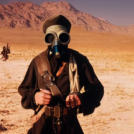 Prompt: pirate wearing a gasmask, in the desert, film still, 8 k