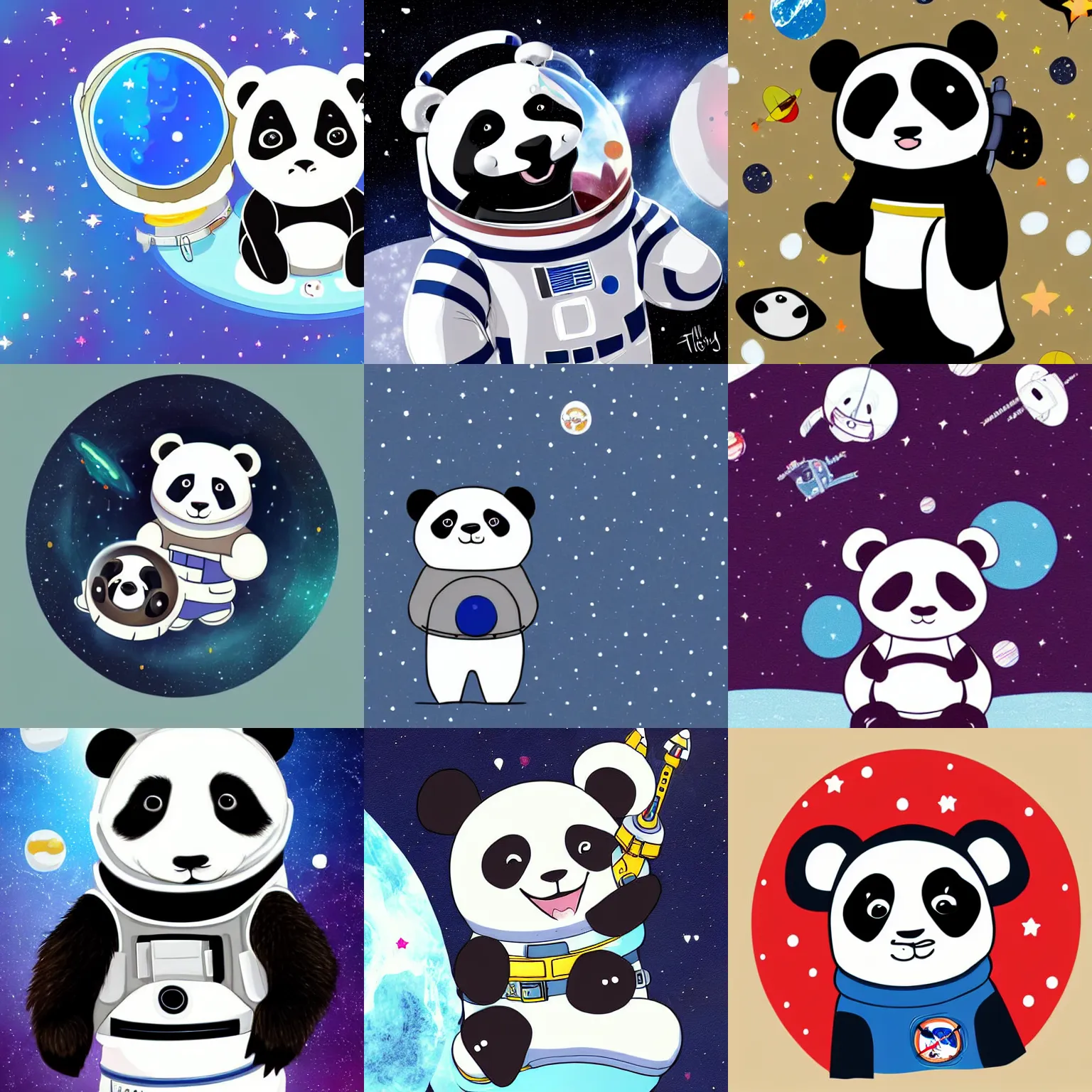 Prompt: a cute panda dressed in an astronaut uniform traveling in space. space and galaxies. astronaut. cute. digital art. drawing.