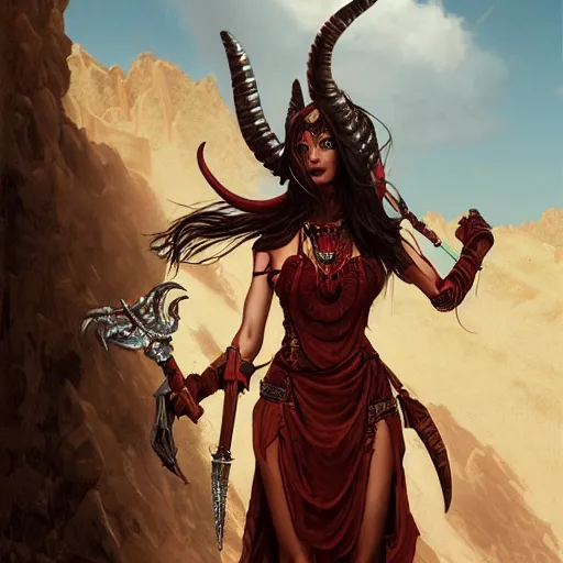 Prompt: portrait of a female berber devil, red skin, long horns, black hair, ponytail, steel chestplate, scimitar, in a desert, fantasy, intricate, elegant, highly detailed, digital painting, artstation, concept art, character art, smooth, sharp focus, illustration, art by greg rutkowski and alphonse mucha