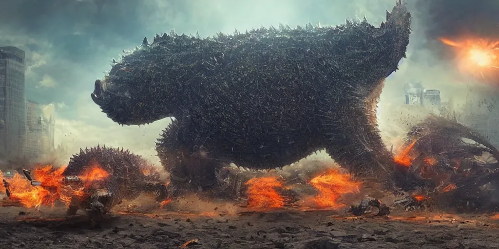 Prompt: beautiful extreme wide photo of, a single enormous mechanized metal pig kaiju destroying a philidelphia, cinematic, in the style of a nature documentary full body