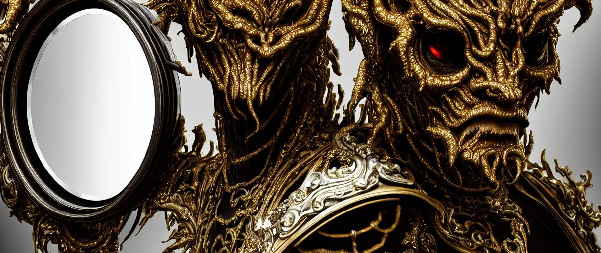 Image similar to hyperrealist highly detailed neo-baroque portrait of high fashion monster demon wearing reflective mirror mirrored reflection armor, concept art pascal blanche dramatic studio lighting 8k wide angle shallow depth of field