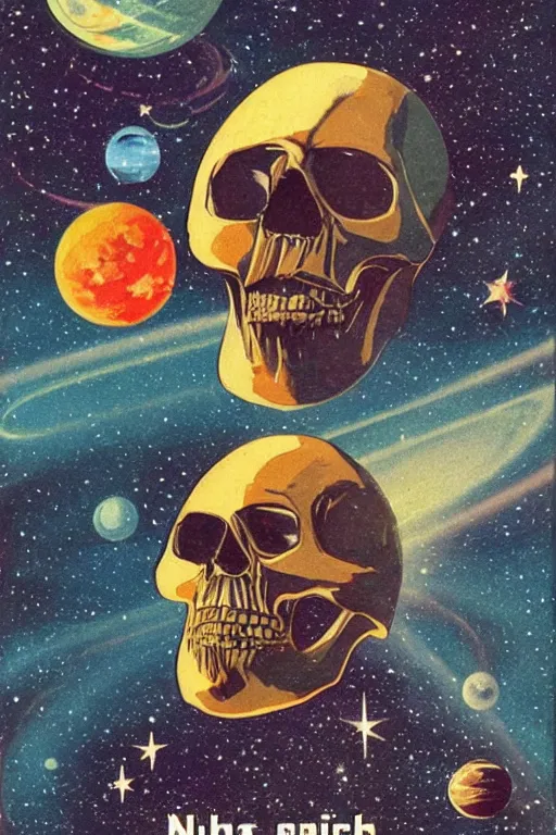 Prompt: vintage sci-fi book cover, depicting a gigantic chrome skull in space, stars and planets visible, highlights, nebula, color bleed, film grain