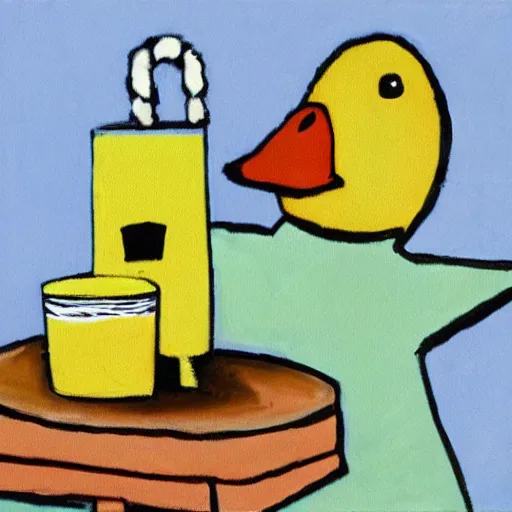 Prompt: a realistic duck walked up to the cubist lemonade stand
