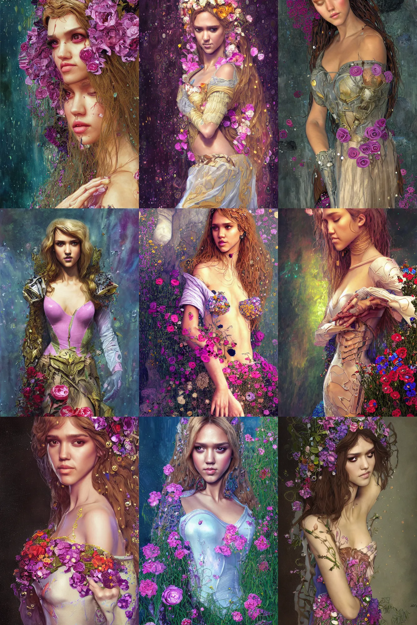Prompt: young jessica alba as sleeping beauty, warhammer, cyberpunk, a lot of scars, more and more flowers, readhead, the future ages, highly detailed, artstation, illustration, art by gustav klimt, 8 k quality