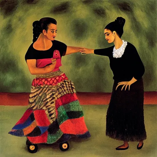 Prompt: A woman at age 90, dancing with a young boy, painted by Frida Kahlo