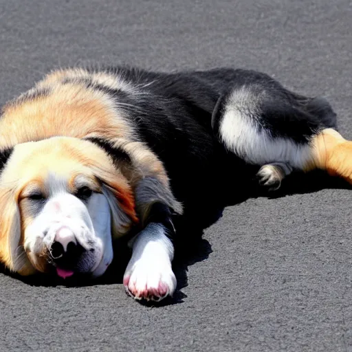 Image similar to extremely obese dog lying on its back,