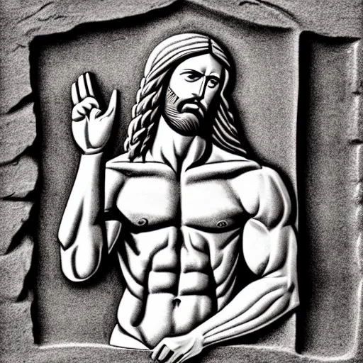 Prompt: muscular gigachad benediction, gigachad jesus, fingers pointing to heaven, stone relief, holy iconography, grayscale