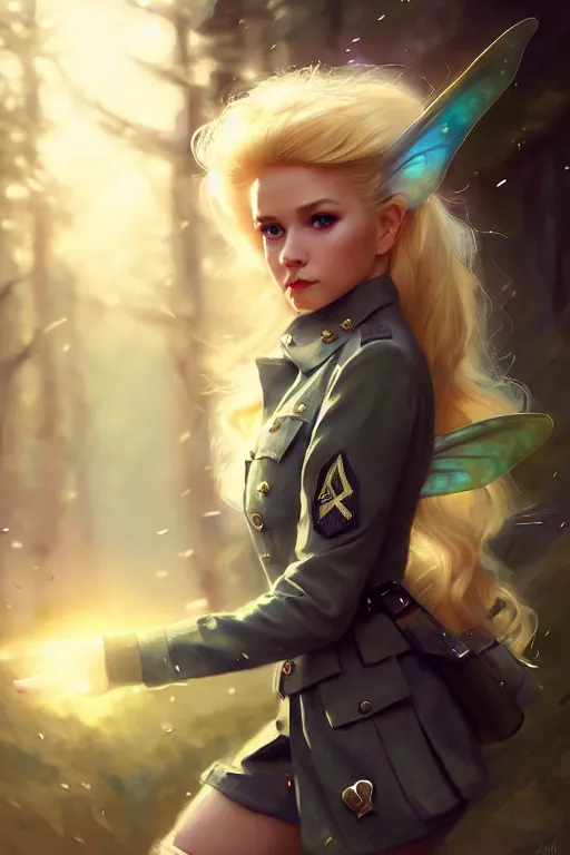 Image similar to cinematic shot of an epic portrait of a cute blonde fairy dressed in military clothes, stylised military clothes, shiny skin, beautiful eyes, beautiful, small details, night setting, realistic poster with volumetric light from craig mallism, artgerm, jeremy lipkin and michael garmash, unreal engine, radiant light, digital art, trends at art station, a masterpiece