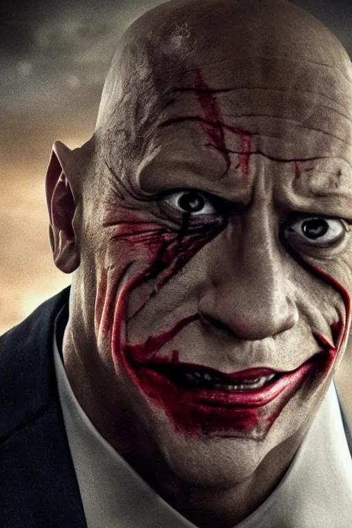 Image similar to dwayne johnson as the joker, movie still