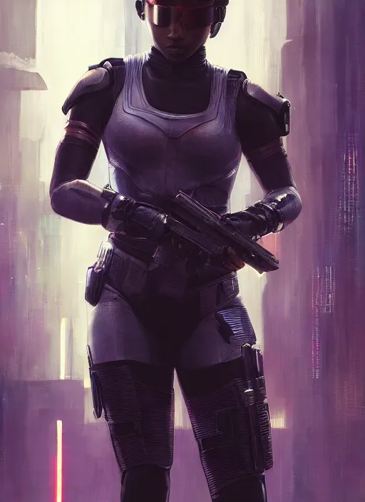 Image similar to black chun li. cyberpunk police trooper in a military vest ( blade runner 2 0 4 9, cyberpunk 2 0 7 7 ). orientalist portrait by john william waterhouse and james gurney and theodore ralli and nasreddine dinet, oil on canvas. cinematic, hyper realism, realistic proportions, dramatic lighting, high detail 4 k