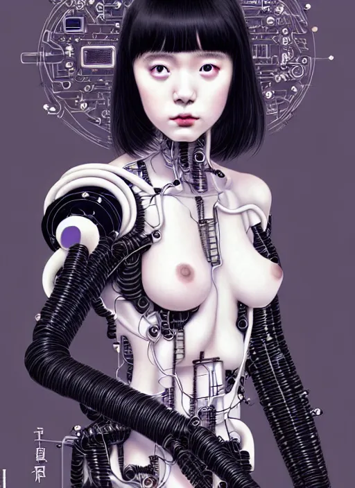 Prompt: kanna hashimoto as a absurdly beautiful cyborg, wearing a black dress, graceful, sophisticated, complex wiring and circuits, tarot card, highly detailed, digital painting, intricate linework, porcelain skin, octane rendered, sharp focus, ultra realistic, 8 k, art by artgerm, kim jung gi