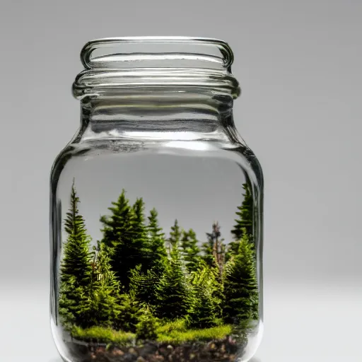 Prompt: A photo of a tiny forest inside a jar, studio photo, highly detailed,studio lighting