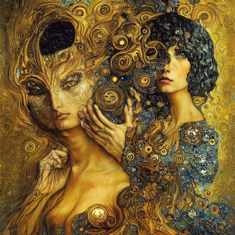 Image similar to Divine Chaos Engine by Karol Bak, Jean Deville, Gustav Klimt, and Vincent Van Gogh, beautiful visionary mystical portrait, sacred, otherworldly, fractal structures, Surreality, ornate gilded medieval icon, third eye, spirals