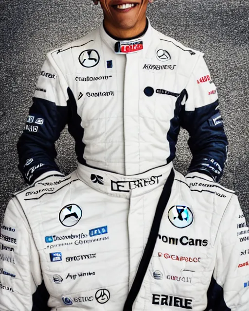 Prompt: a portrait of a mercedes f 1 driver in a white overall with the face of barack obama, outdoor, professional portrait photography, ambient light