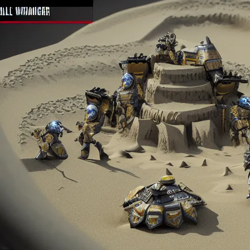 Prompt: 1:16 scale miniature diorama of Warhammer 4K space@marines building a sandcastle in the desert, 3D rendered, unreal engine