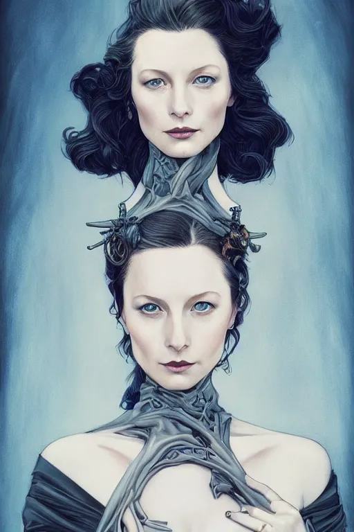 Image similar to in the style of joshua middleton, artgerm, beautiful caitriona balfe, steampunk, full body, blue dress, elegant pose, middle shot, spooky, symmetrical face, symmetrical eyes, detailed realisitc eyes, detailed realistic eyes, detailed and intricate