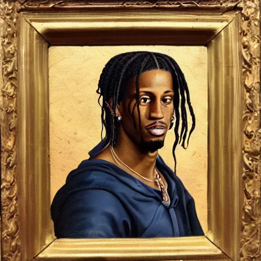 Image similar to a renaissance style portrait painting of travis scott