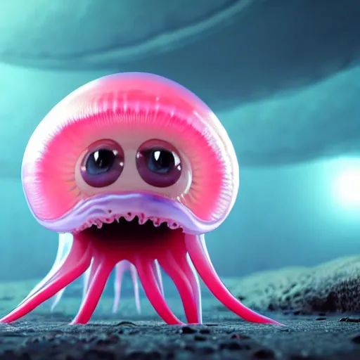 Prompt: a beautiful extreme wide uncropped full body photograph of an entire super cute jellyfish monster with huge sad eyes and sharp fangs in a wide open mouth, highly detailed, smooth, very very clean, 8 k, cinematic movie photograph, cinematic lighting, octane render, zbrush central contest winner, 3 d maya render