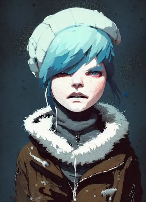 Prompt: highly detailed closeup portrait of a sewer punk lady student, beanie, harris tweed hoodie, blue eyes, frosty white hair by atey ghailan, by greg rutkowski, by greg tocchini, by james gilleard, by joe fenton, by kaethe butcher, gradient, blue, black, brown and cream color scheme, grunge aesthetic!!! white graffiti tag wall background