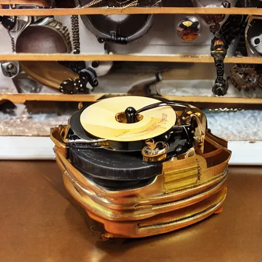 Prompt: steampunk record player, highly detailed, sharp focus