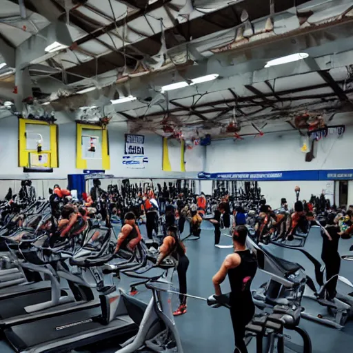 Image similar to a gym full of people preparing themselves for competetive sleeping, sports event, action photography