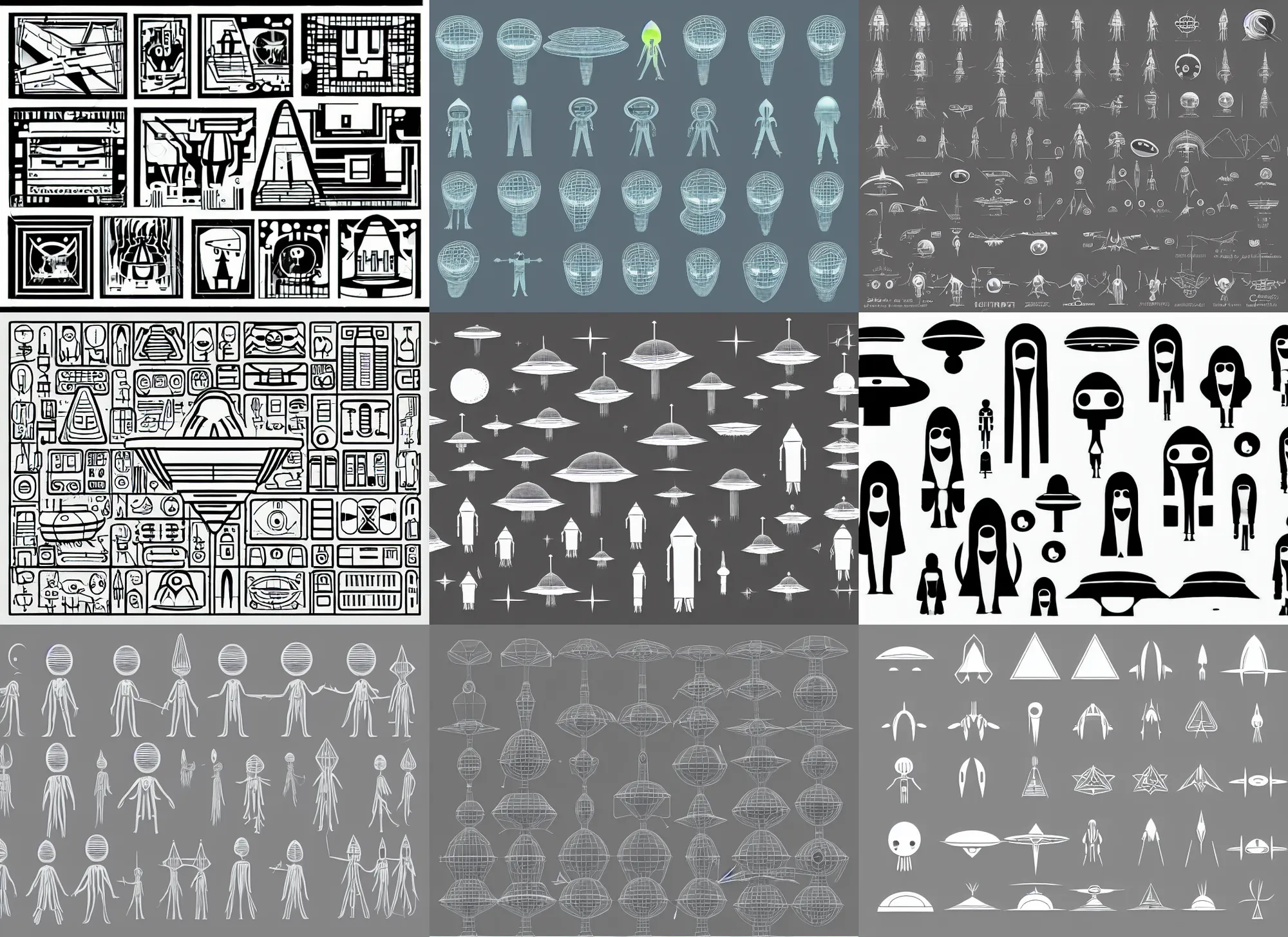 Prompt: spiritual alien ufo diagram clean shapes by bauhaus, 3 d, sprite sheet, b & w, vector