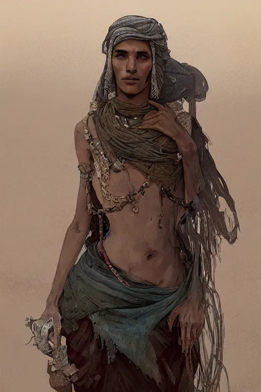 Image similar to a full body portrait of a beautiful post apocalyptic offworld desert bedouin blind beggar by the road, intricate, elegant, highly detailed, digital painting, artstation, concept art, smooth, sharp focus, illustration, art by krenz cushart and artem demura and alphonse mucha