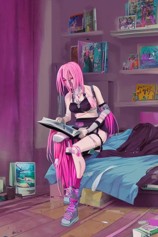 Image similar to concept art painting of an anime cybergoth girl with pink dreads on the floor reading a book in a cluttered 9 0 s bedroom, toon shading, cel shading, trending on artstation, fantasy concept art, stunning visuals, creative, cinematic, vaporwave colors, rendered by substance designer, lifelike,